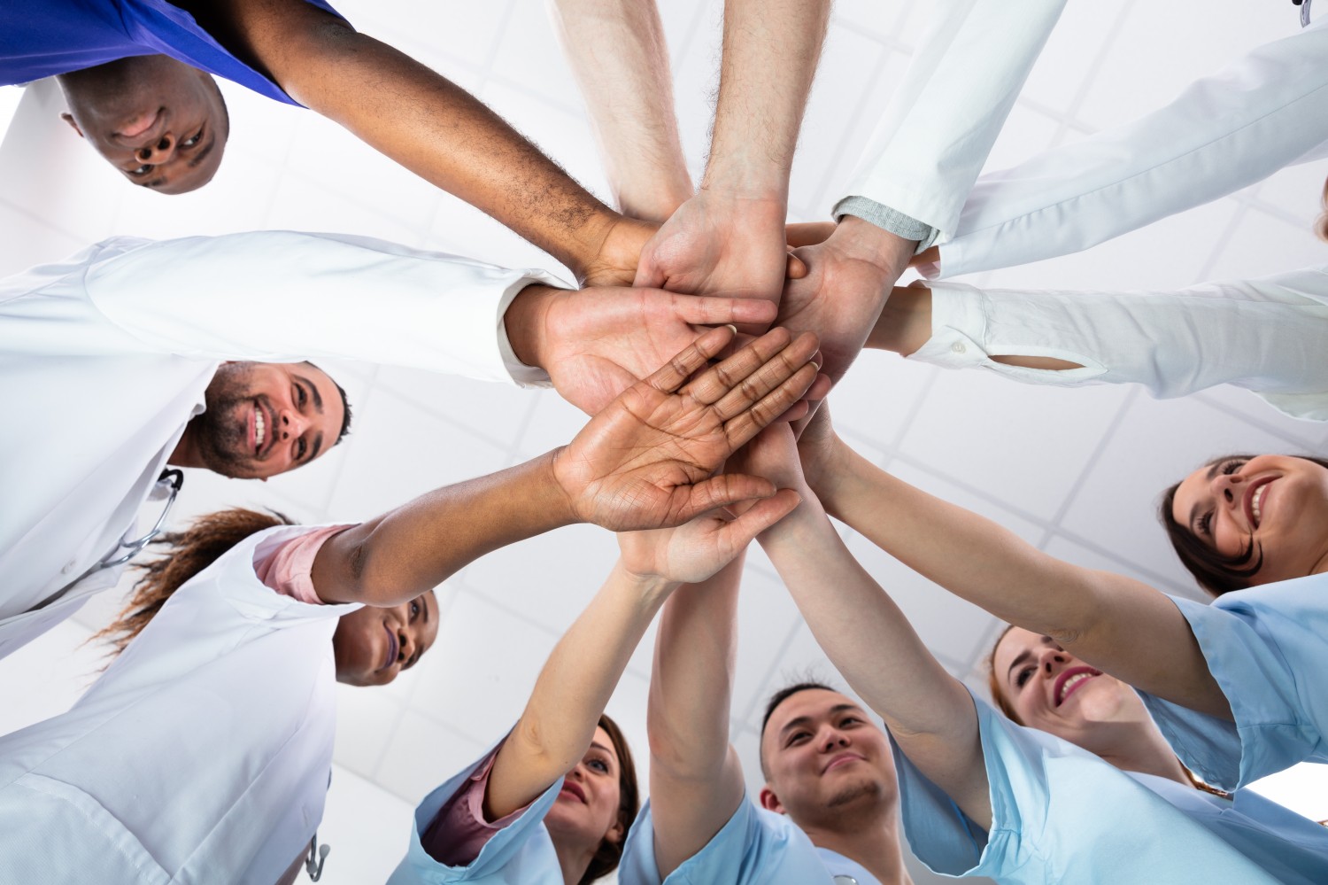 Staff in circle with hands in